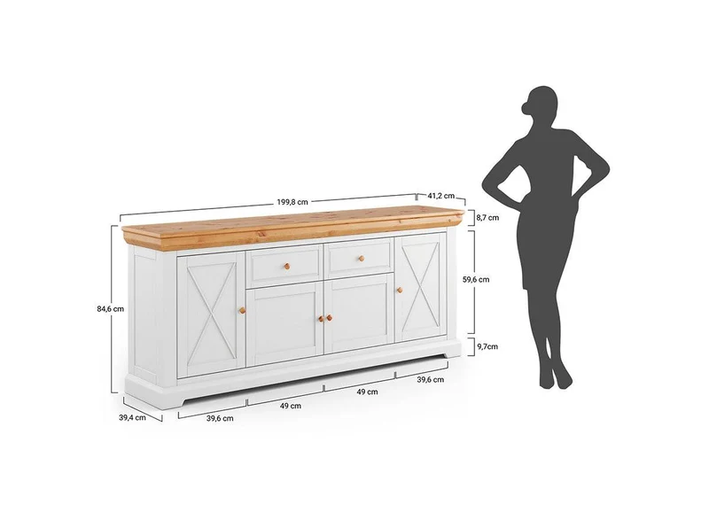 Großes Sideboard aus Massivholz | Viertürige Wohnzimmerkommode Marone Elite mit Schubladen