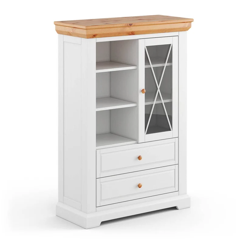 Kleine Vitrine aus Massivholz | Wohnzimmerschrank Marone Elite mit zwei Schubladen