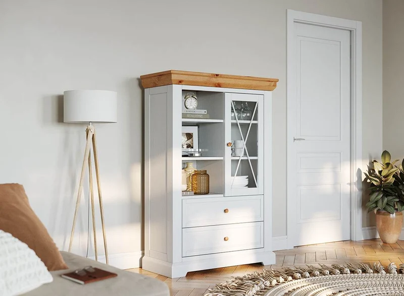 Kleine Vitrine aus Massivholz | Wohnzimmerschrank Marone Elite mit zwei Schubladen