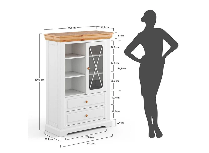 Kleine Vitrine aus Massivholz | Wohnzimmerschrank Marone Elite mit zwei Schubladen