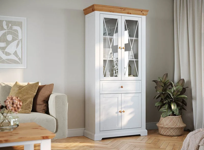 Große Vitrine aus Massivholz | Zweitüriger Wohnzimmerschrank Marone Elite mit Schublade