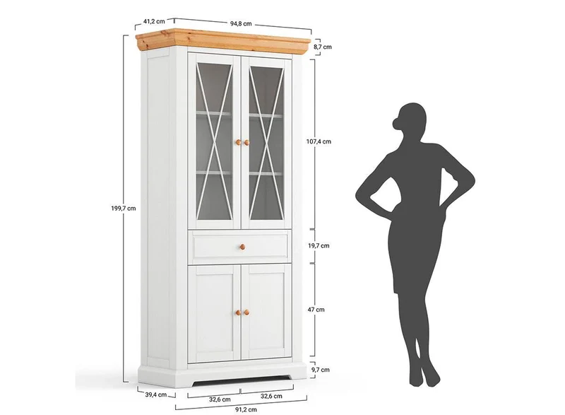 Große Vitrine aus Massivholz | Zweitüriger Wohnzimmerschrank Marone Elite mit Schublade