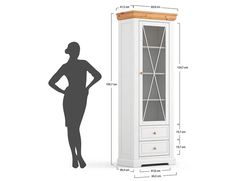 Schmale Vitrine aus Massivholz | Wohnzimmerschrank Marone Elite mit zwei Schubladen