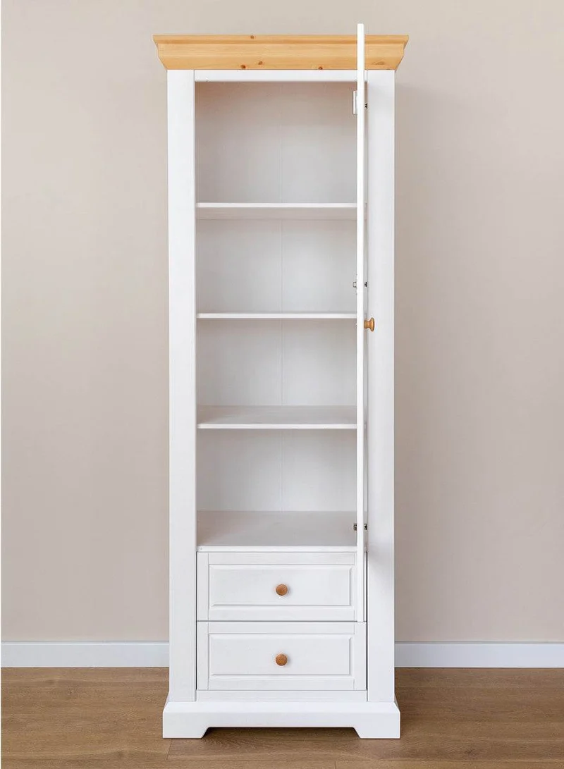 Schmale Vitrine aus Massivholz | Wohnzimmerschrank Marone Elite mit zwei Schubladen