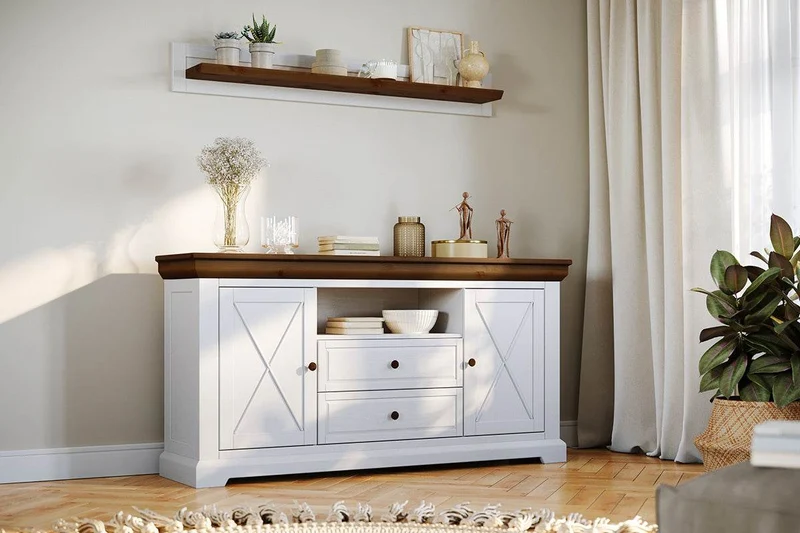 Sideboard aus Massivholz | Zweitürige Wohnzimmerkommode Marone Elite Tabacco mit zwei Schubladen