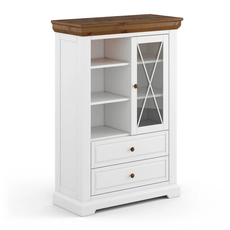 Kleine Vitrine aus Massivholz | Wohnzimmerschrank Marone Elite Tabacco mit zwei Schubladen