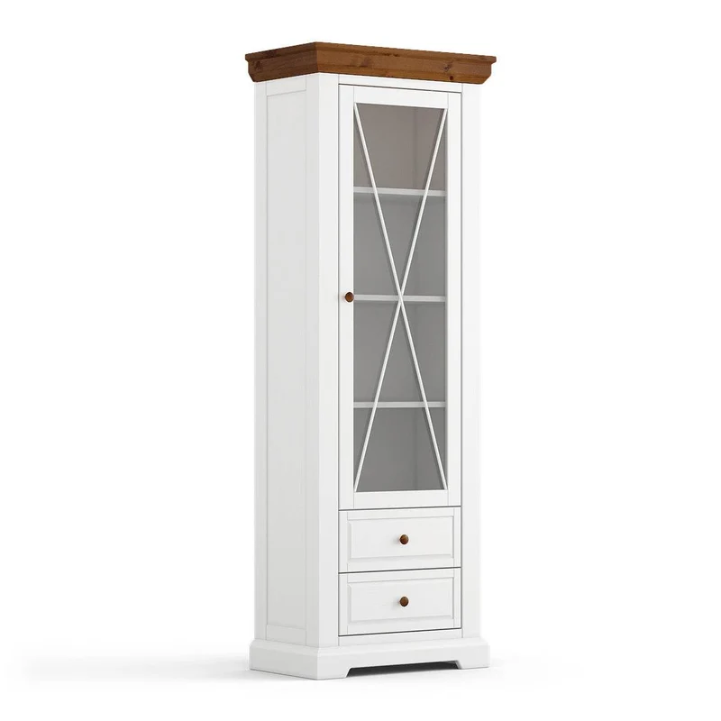 Schmale Vitrine aus Massivholz | Wohnzimmerschrank Marone Elite Tabacco mit zwei Schubladen