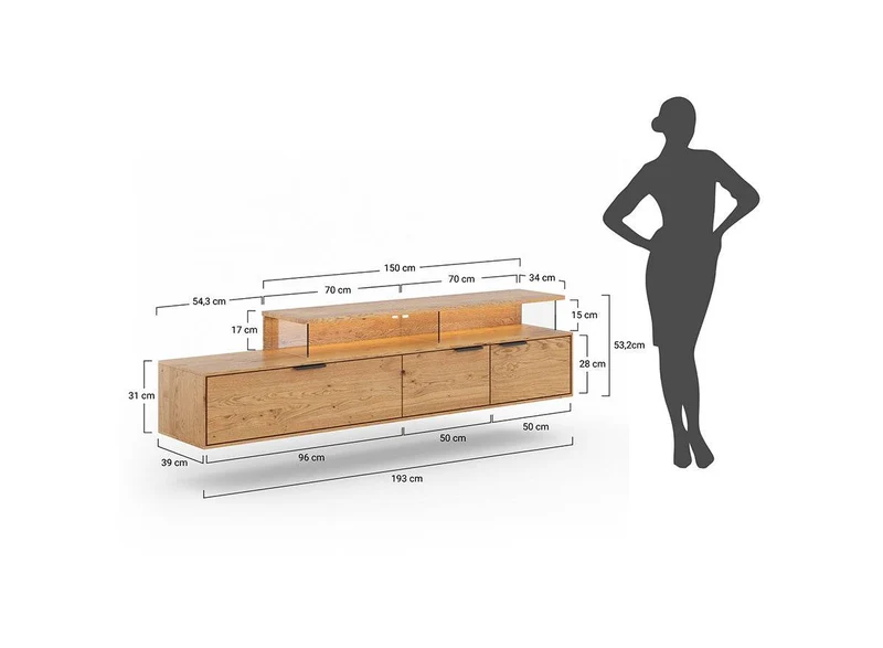 Beleuchtete Hängekommode aus massiver Eiche und Glas | TV-Board Tirano IV mit Schaukasten und grober Holzstruktur