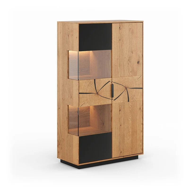 Beleuchtete Standvitrine aus massiver Eiche und Glas | Wohnzimmerschrank Tirano IV mit Rückwand in grober Holzstruktur
