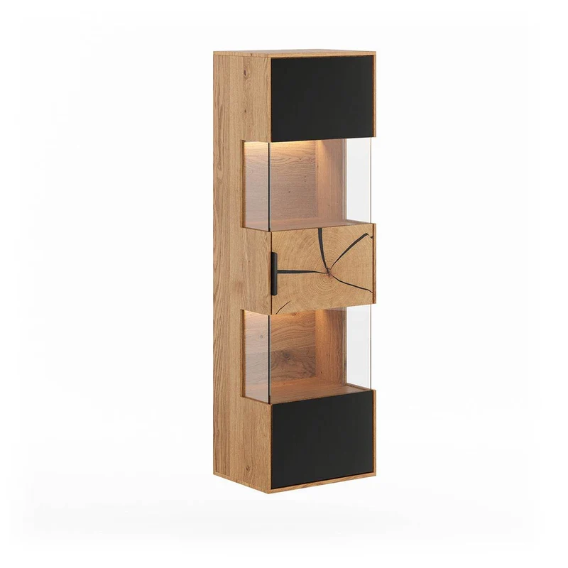 Beleuchtete Hängevitrine aus massiver Eiche und Glas | Vitrine Tirano IV mit Rückwand in grober Holzstruktur