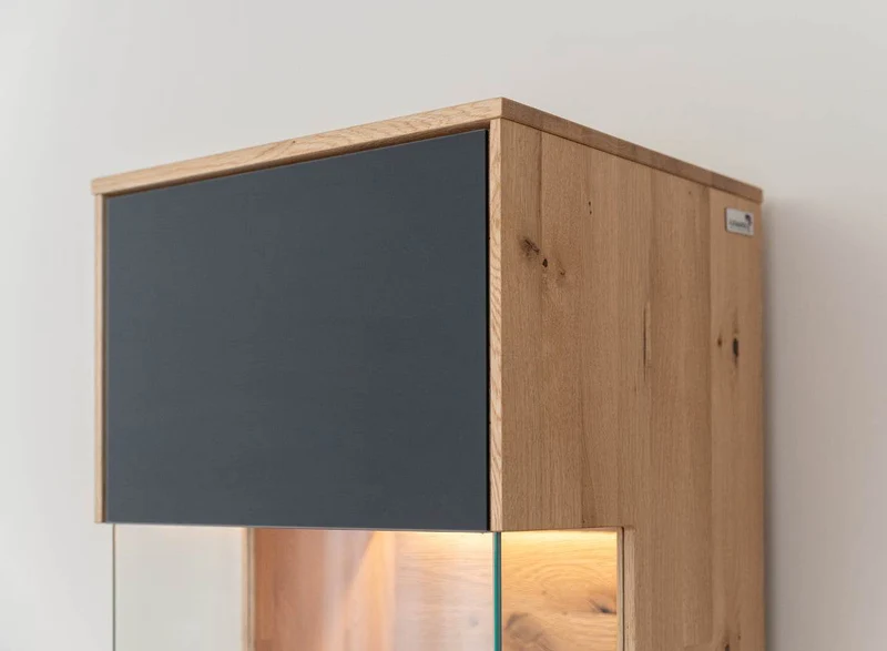 Beleuchtete Hängevitrine aus massiver Eiche und Glas | Vitrine Tirano IV mit Rückwand in grober Holzstruktur