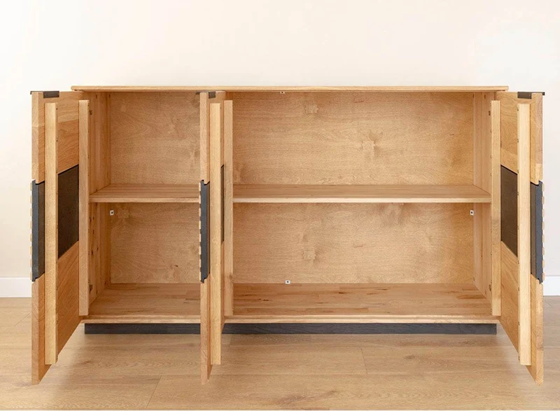Beleuchtetes Sideboard aus massiver Eiche mit Lamellen | Kommode Tirano II mit Rückwand in grober Holzstruktur