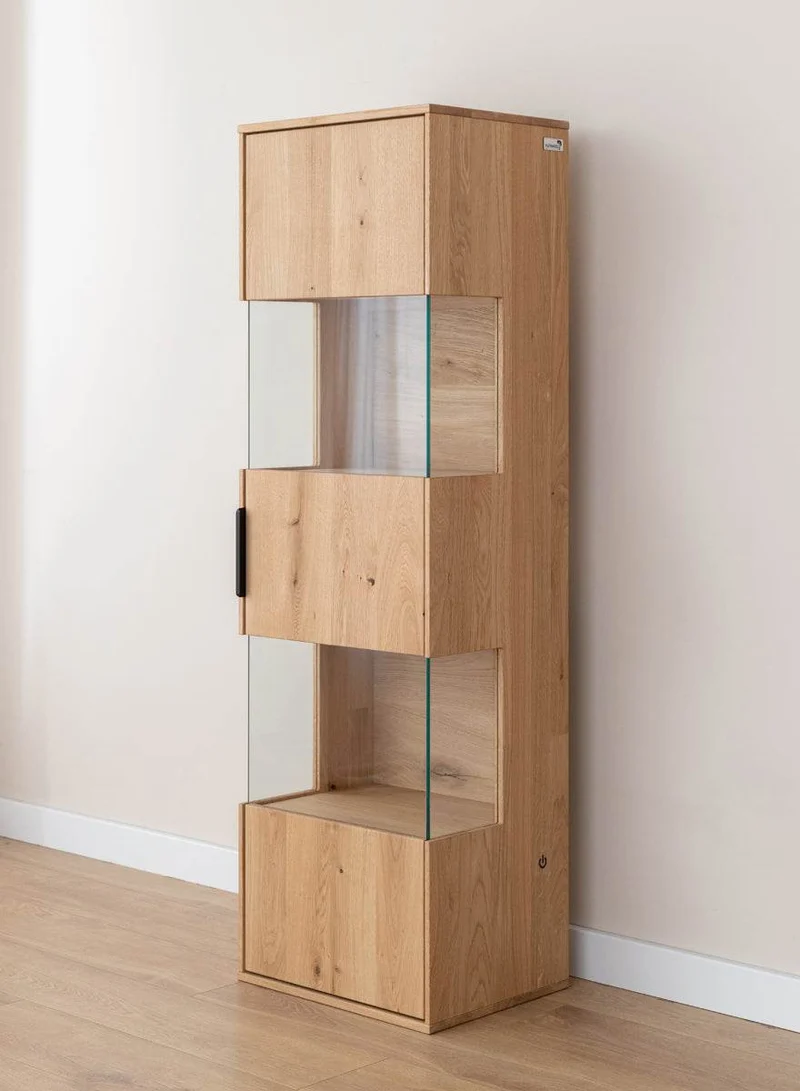 Beleuchtete Hängevitrine aus massiver Eiche | Vitrine Tirano I mit Rückwand in grober Holzstruktur