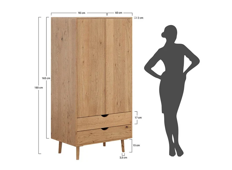 Minimalistischer Kleiderschrank aus geölter Wildeiche | Schmaler Skandi Schrank Simona mit zwei Schubladen
