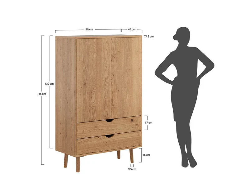 Minimalistischer Wäscheschrank aus geölter Wildeiche | Kleiner Skandi Kleiderschrank Simona mit zwei Schubladen