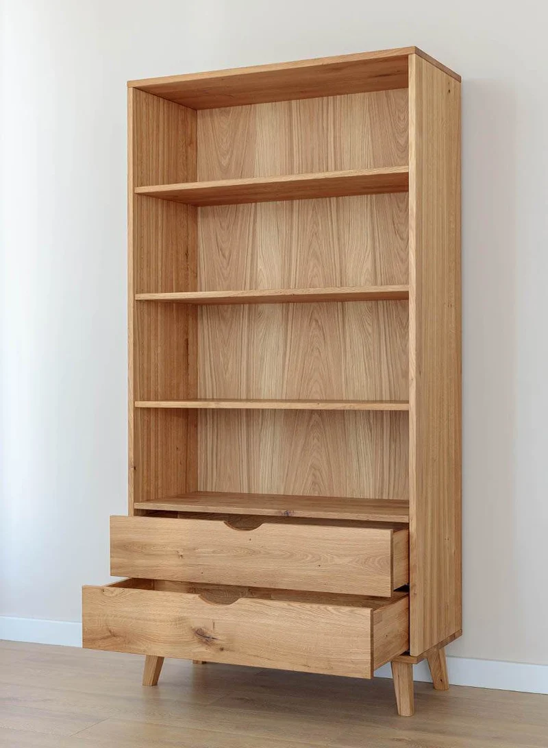 Minimalistisches Regal aus geölter Wildeiche | Skandi Bücherschrank Simona mit zwei Schubladen