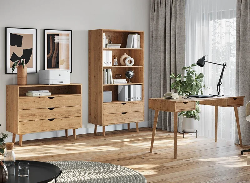 Minimalistischer Schreibtisch aus geölter Wildeiche | Skandi Bürotisch Simona mit zwei Schubladen