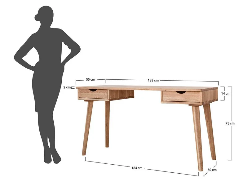 Minimalistischer Schreibtisch aus geölter Wildeiche | Skandi Bürotisch Simona mit zwei Schubladen