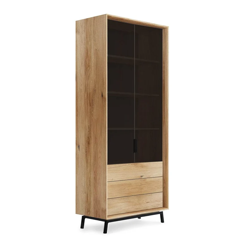 Industrial Vitrine aus massiver Eiche | Wohnzimmerschrank Modern Loft mit drei Schubladen und Glastür