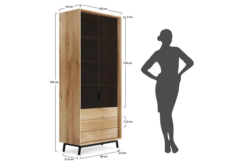 Industrial Vitrine aus massiver Eiche | Wohnzimmerschrank Modern Loft mit drei Schubladen und Glastür