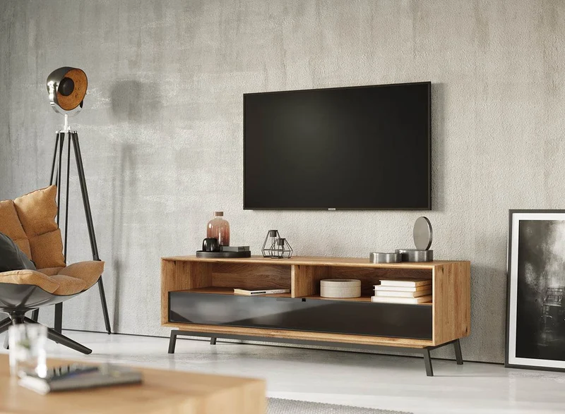 Industrial TV-Board aus massiver Eiche | Fernsehtisch Modern Loft mit Glastür