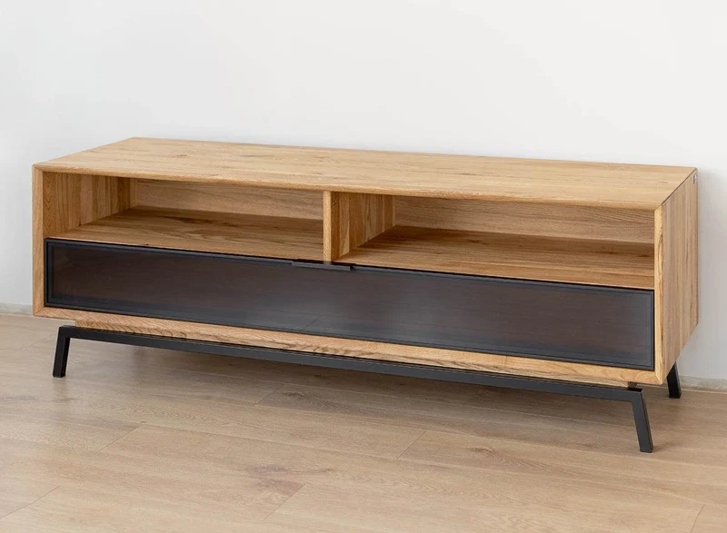 Industrial TV-Board aus massiver Eiche | Fernsehtisch Modern Loft mit Glastür