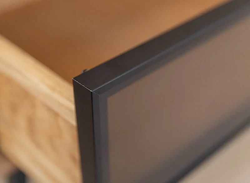 Industrial TV-Board aus massiver Eiche | Fernsehtisch Modern Loft mit Glastür