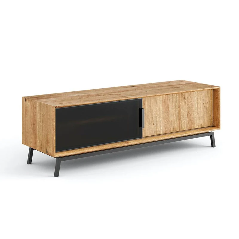 Großes Industrial TV-Board aus massiver Eiche | Fernsehtisch Modern Loft mit Glastür