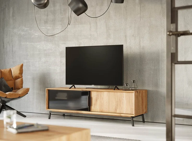 Großes Industrial TV-Board aus massiver Eiche | Fernsehtisch Modern Loft mit Glastür