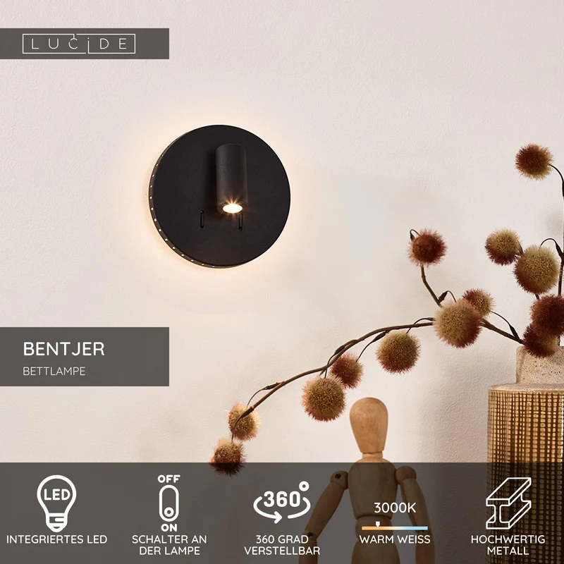 LED-Bettleuchte Bentjer schwenkbar rund Ø 14cm