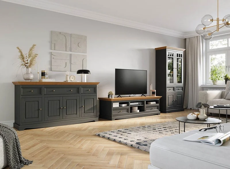 TV-Board Belluno Elegante in Graphit | Sideboard mit zwei Schubladen