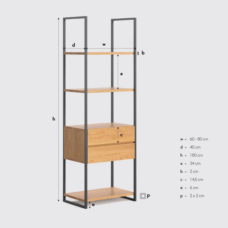 Industrial Regal aus massiver Eiche in zwei Größen | Standregal Moon mit zwei Schubladen