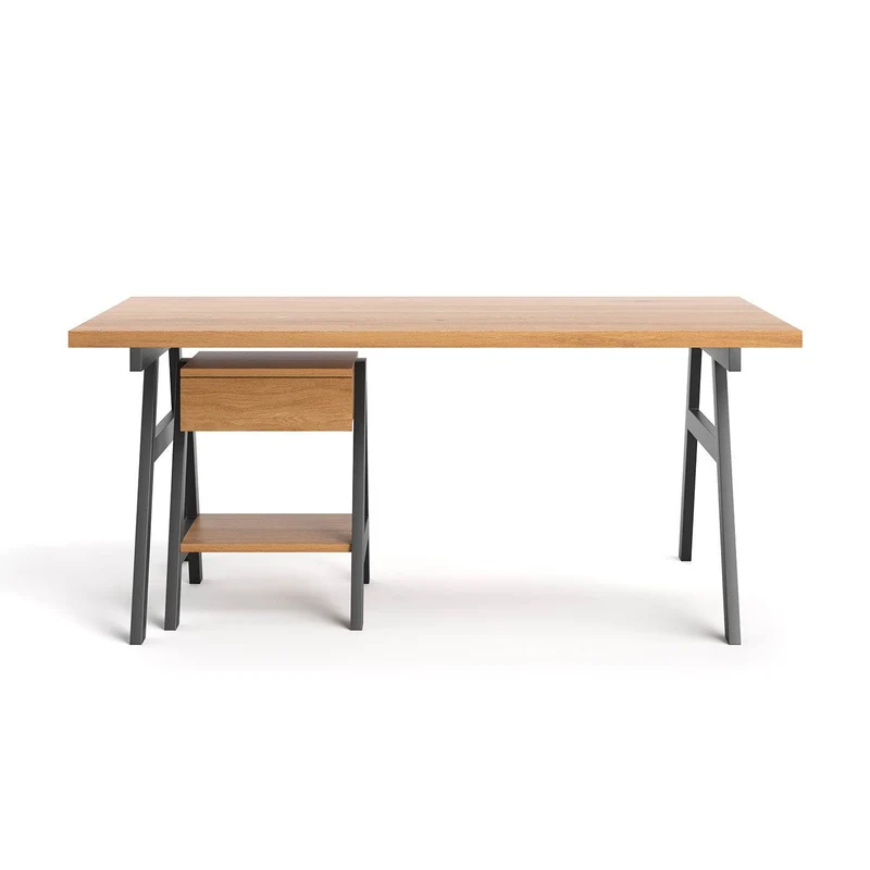 Industrial Schreibtisch aus massiver Eiche | Tisch ARN mit Beisteller
