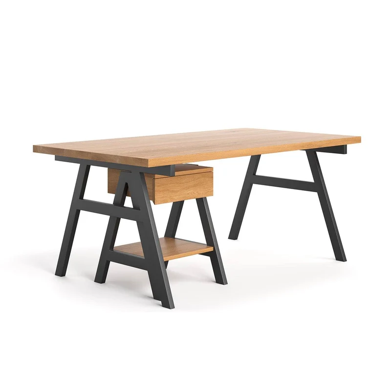 Industrial Schreibtisch aus massiver Eiche | Tisch ARN mit Beisteller