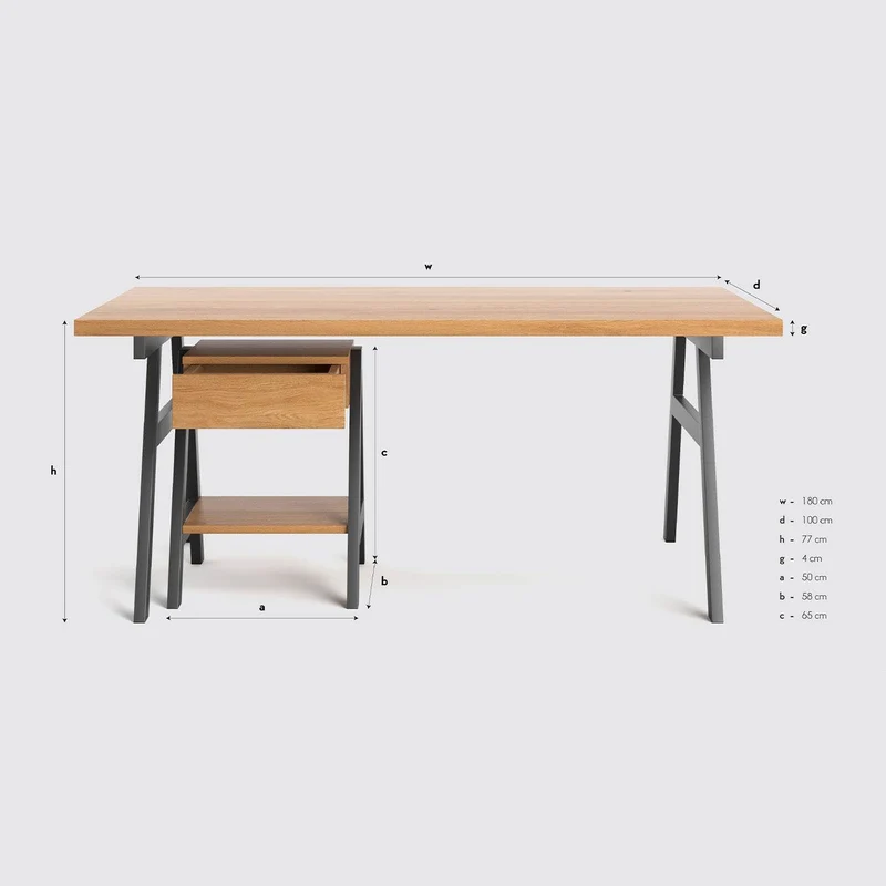 Industrial Schreibtisch aus massiver Eiche | Tisch ARN mit Beisteller