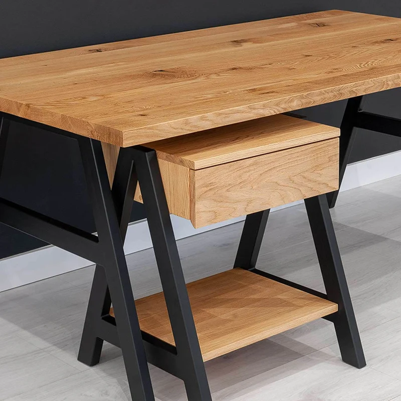 Industrial Schreibtisch aus massiver Eiche | Tisch ARN mit Beisteller