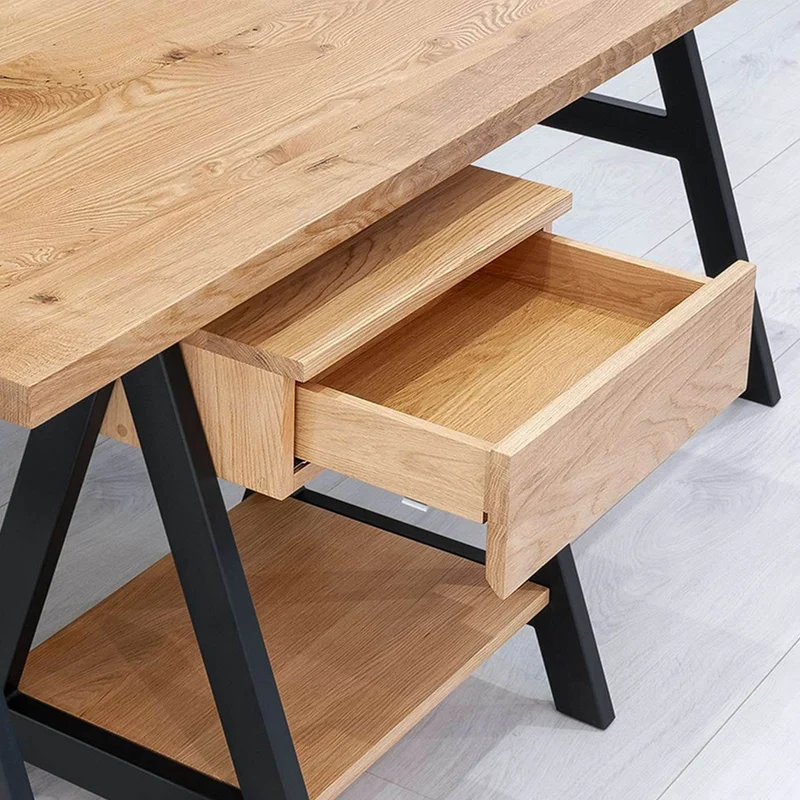 Industrial Schreibtisch aus massiver Eiche | Tisch ARN mit Beisteller