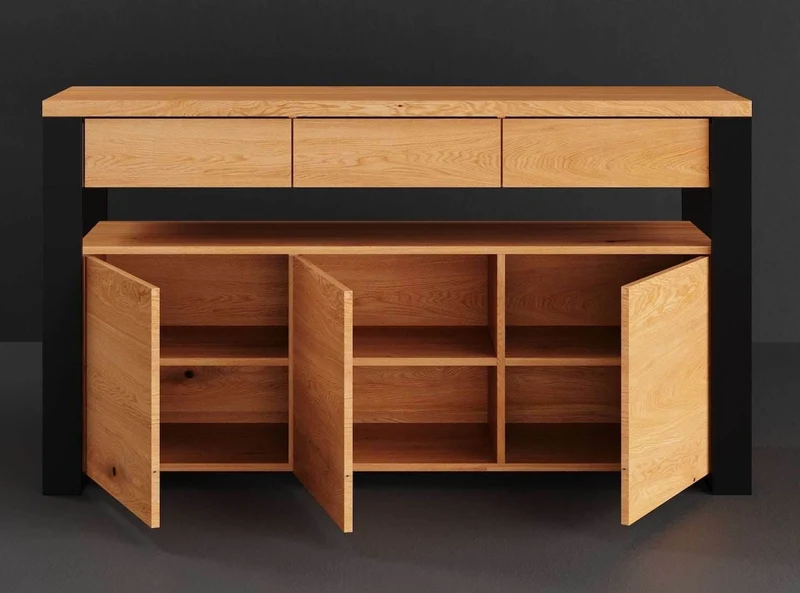 Industrial Sideboard aus massiver Eiche | Dreitürige Kommode Hylde in verschiedenen Größen