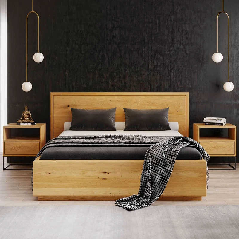 Schlafzimmer-Set | Massives Bett aus Eiche mit Bettkasten | VALOR und 2x Moon Beistelltisch