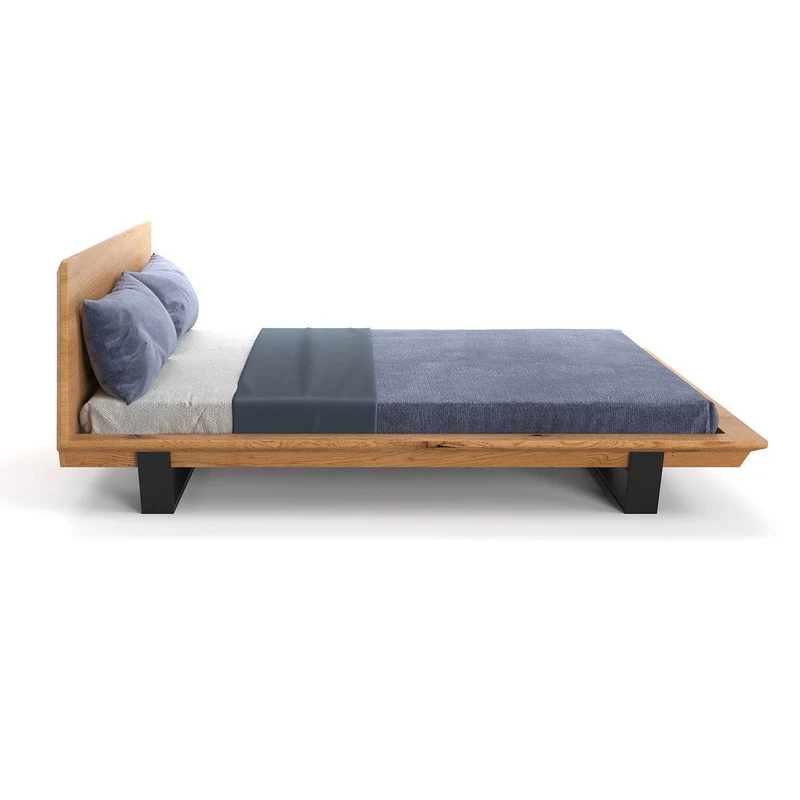 Schlafzimmer-Set | Industrial Bett aus massiver Eiche und Metall mit zwei Nachttischen | Nova Slim und 2x Loom mit Schublade