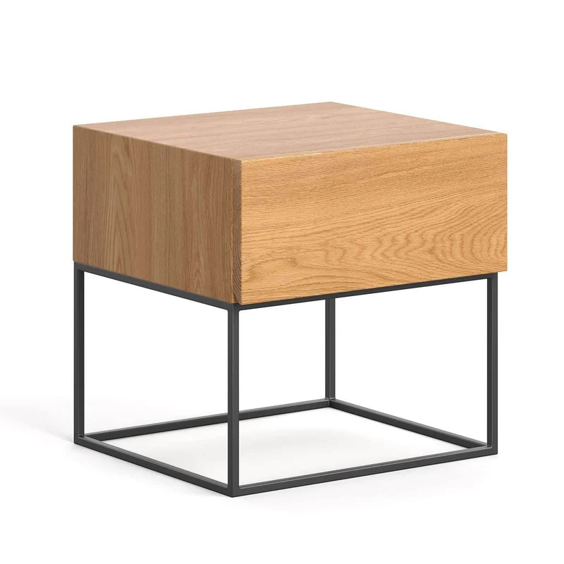 Schlafzimmer-Set | Industrial Bett aus massiver Eiche und Metall mit zwei Nachttischen | Nova Slim und 2x Loom mit Schublade