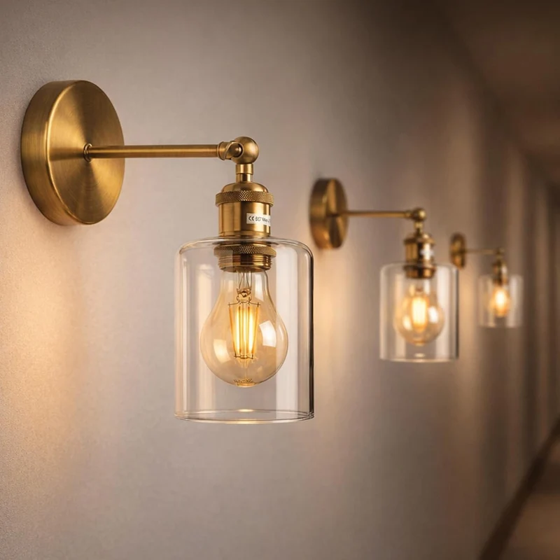 Schwenkbare Messing-Wandleuchte mit Klarglas | Vintage Wandlampe E27 ~3588