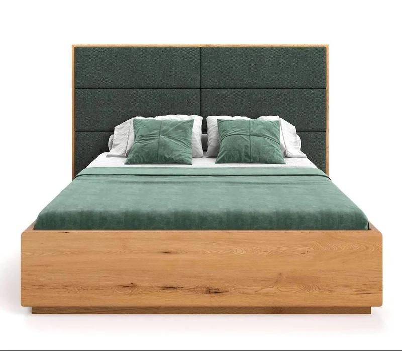 Hohes Bett mit Bettkasten aus massiver Eiche | DOME Z Bett mit Kopfteil Textil in verschiedenen Farben