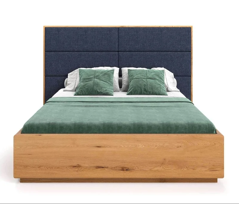 Hohes Bett mit Bettkasten aus massiver Eiche | DOME Z Bett mit Kopfteil Textil in verschiedenen Farben
