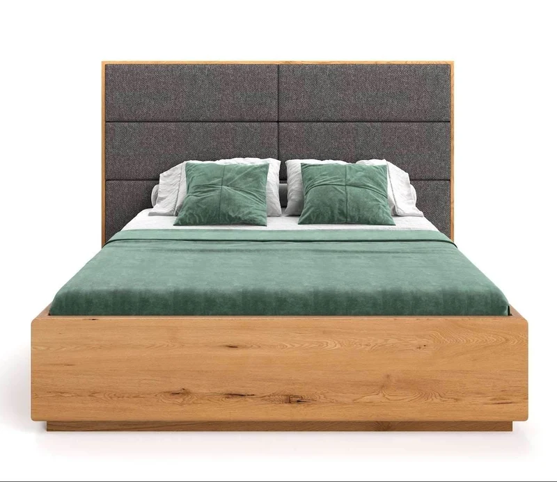 Hohes Bett mit Bettkasten aus massiver Eiche | DOME Z Bett mit Kopfteil Textil in verschiedenen Farben