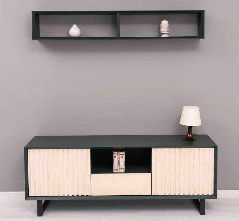 Wohnzimmer-Set | TV-Board aus Massivholz - Flaches Sideboard mit 2 Türen und Schublade und Wandregal