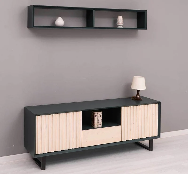 Wohnzimmer-Set | TV-Board aus Massivholz - Flaches Sideboard mit 2 Türen und Schublade und Wandregal