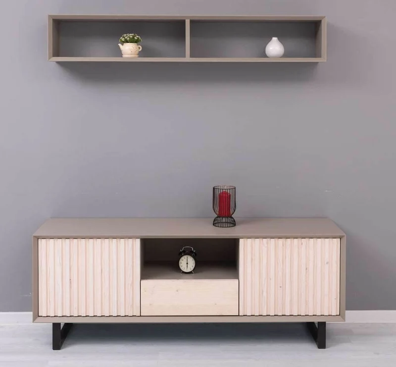 Wohnzimmer-Set | TV-Board aus Massivholz - Flaches Sideboard mit 2 Türen und Schublade und Wandregal