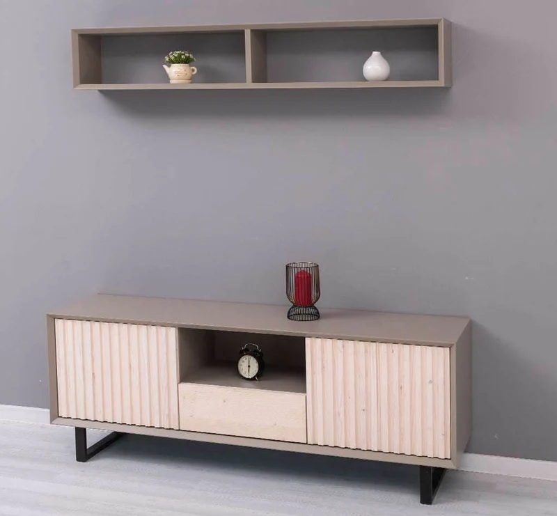 Wohnzimmer-Set | TV-Board aus Massivholz - Flaches Sideboard mit 2 Türen und Schublade und Wandregal