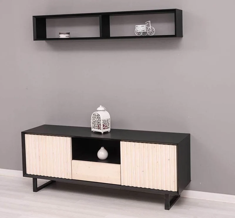 Wohnzimmer-Set | TV-Board aus Massivholz - Flaches Sideboard mit 2 Türen und Schublade und Wandregal